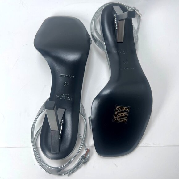 Prada Argento Donna Womens Sandals Metallic Leather Strappy Heels Size 38 US8 - Picture 6 of 16